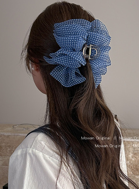 蓝色泡泡格纹发夹2026新款高级感后脑勺半扎发鲨鱼夹精致发卡发饰