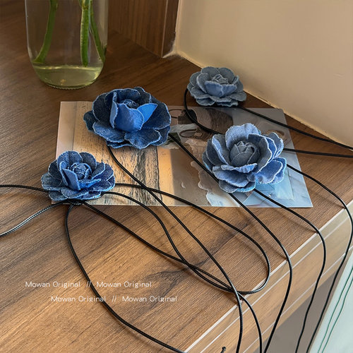 牛仔山茶花颈花项链法式小香风