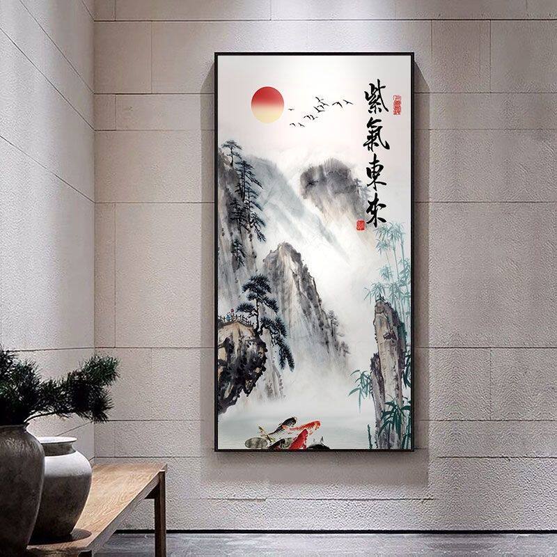 紫气东来墙面装饰自贴画新中式楼梯竖版客厅中国风山水风景画壁画