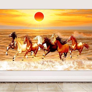 红太阳马到成功镇宅聚财八骏马奔腾办公室书房中堂自粘贴年画马图