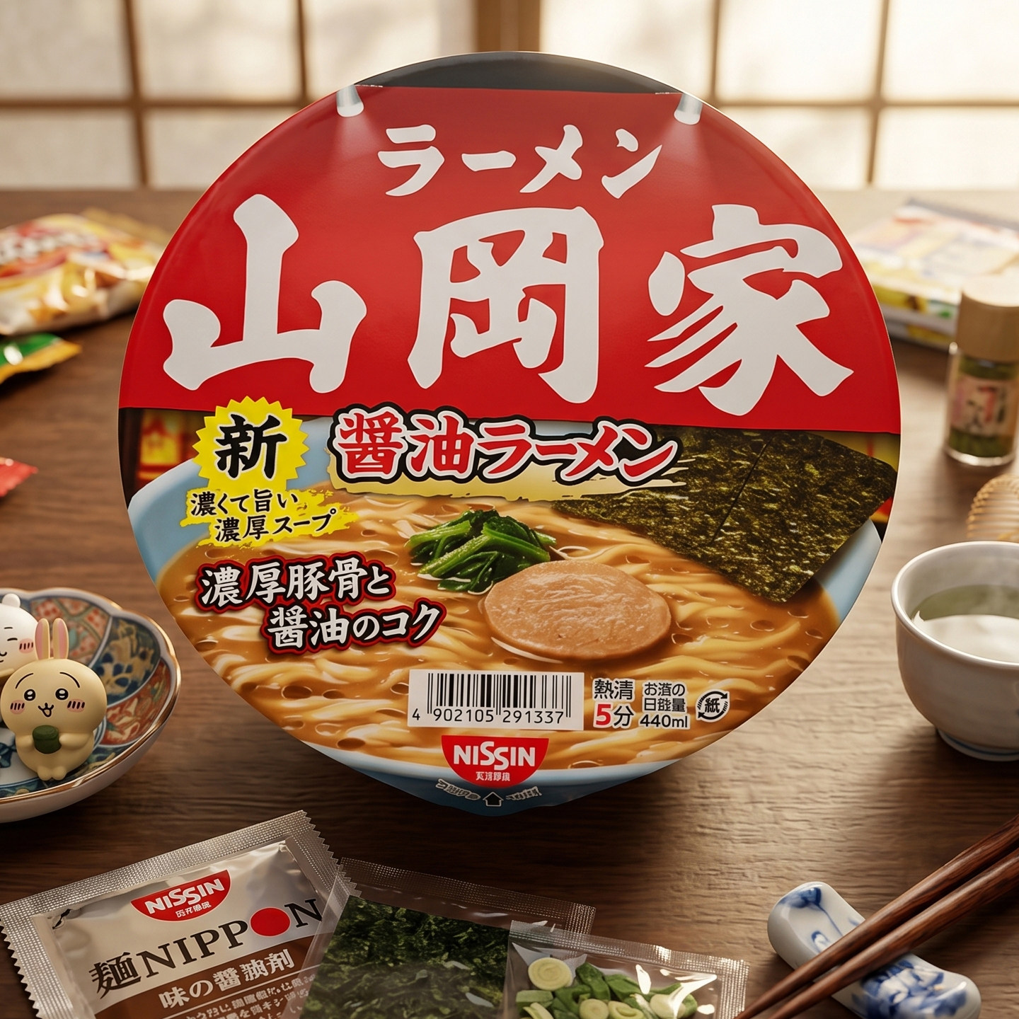 日本日清食品拉面山冈家酱油拉面浓郁豚骨汤非油炸粗直面杯面117g