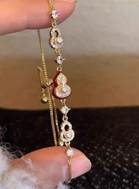 S925纯银新中式福禄红色葫芦手链精致镶珍珠珐琅轻奢时尚抽拉