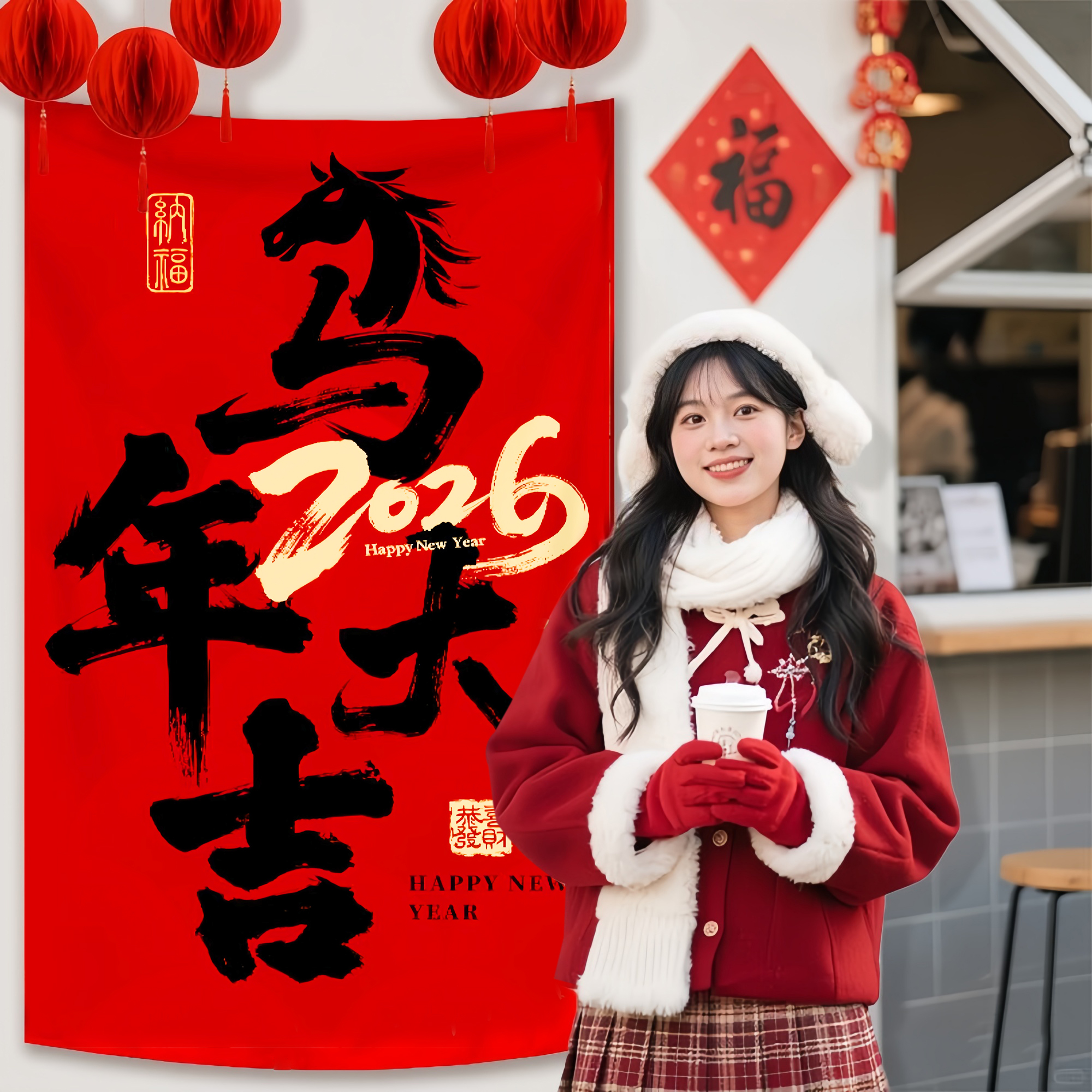 2026新年春节红色挂毯书法字福字