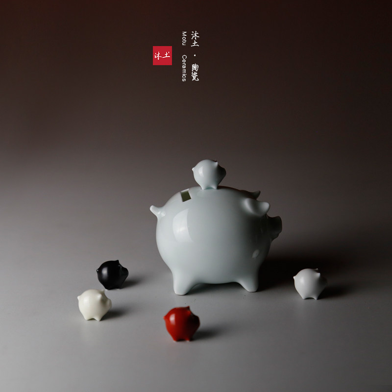 沐土原创礼物手工纯色陶瓷福猪暴富存钱罐摆件花插节日礼盒景德镇