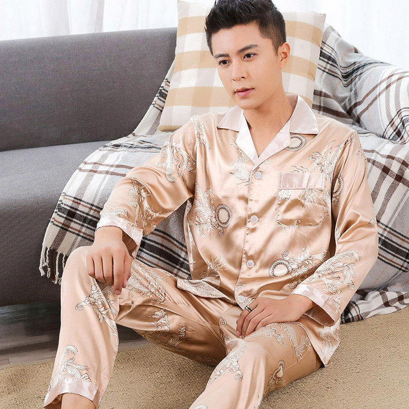 睡衣男长袖秋季韩版薄冰丝丝绸套装大码宽松休闲家居服夏天睡衣男