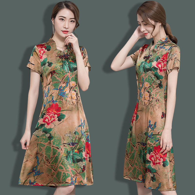 高端重磅反季真丝连衣裙女修身显瘦大码女装短袖收腰型中长款夏装