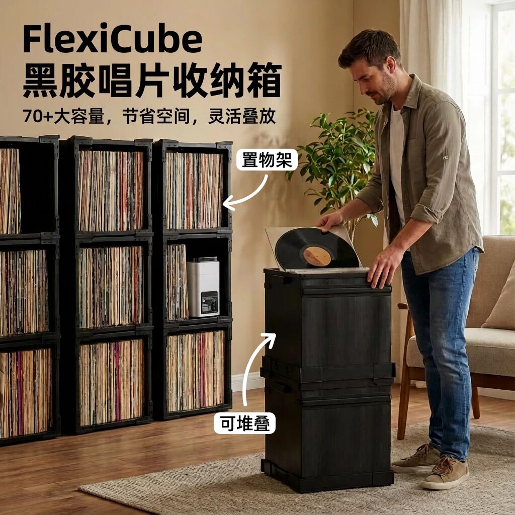 黑胶唱片收纳箱LP收纳盒可折叠整理箱专辑展示架唱片柜存储收藏盒