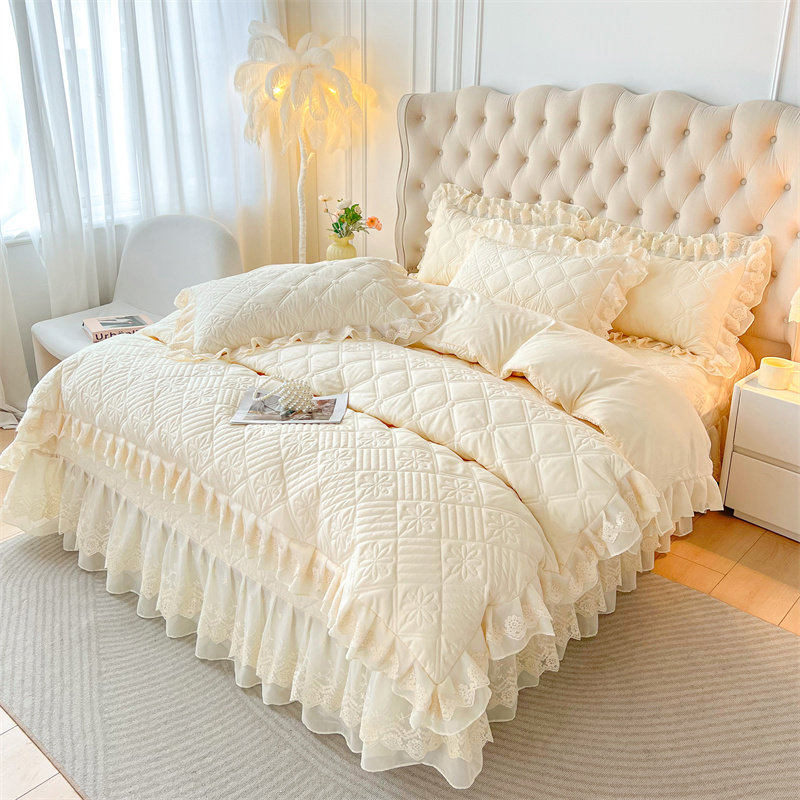 韩式水洗棉床盖款四件套公主风蕾丝花边夹棉床单被套四季通用床品