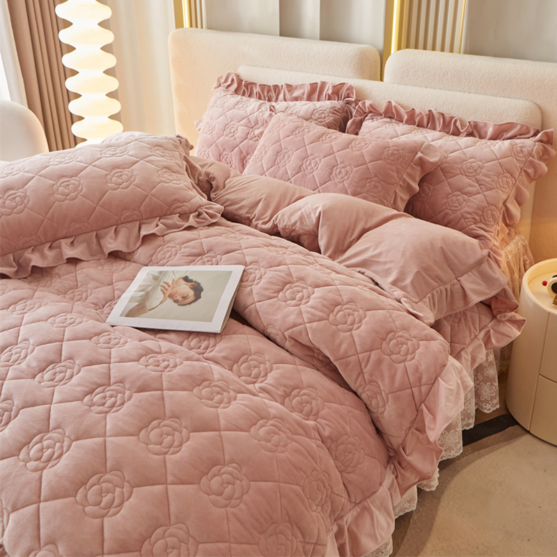 冬季a类婴儿珊瑚绒夹棉被套单件加厚双面加绒保暖三件套花边被罩