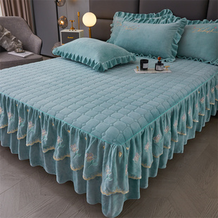 加厚牛奶绒床裙款 秋冬季 三件套高端刺绣花边加绒保暖单件防滑床罩