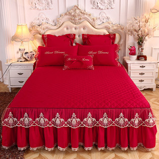 婚庆大红色夹棉床裙式床罩单件公主风蕾丝刺绣花边加厚保护套防滑