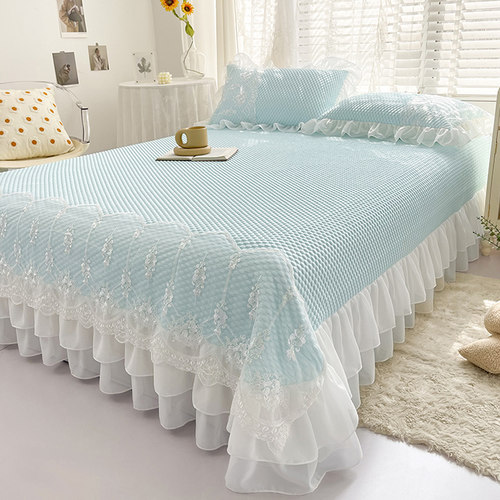 夏季韩式豆豆席冰丝凉席三件套可水机洗1.8m裙式床单款花边公主风