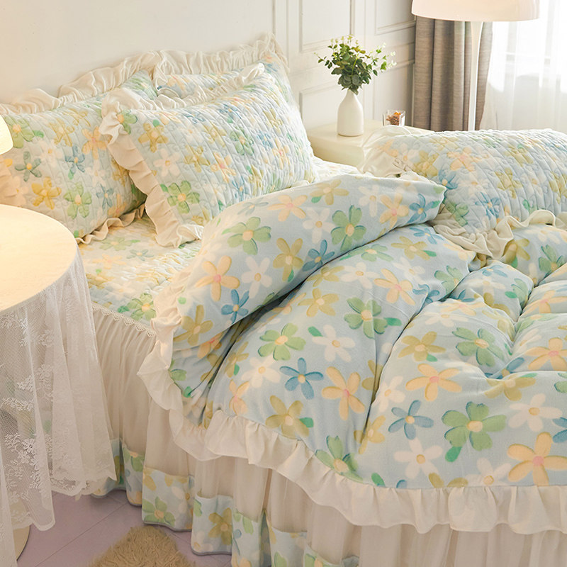 a类牛奶绒床裙款四件套双面加绒被套珊瑚绒夹棉床单冬季床上用品