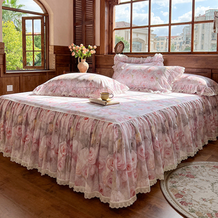 高端加厚全棉磨毛数码 印花床裙单件田园风花卉荷叶边床罩纯棉床套