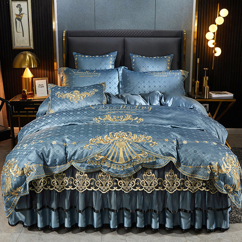 欧式纯色刺绣提花床裙四件套四季款蕾丝花边防滑床罩被套床上套件