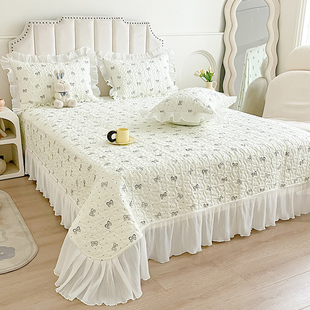 小清新全棉绗缝夹棉床盖单件加厚花边床单三件套100纯棉四季通用