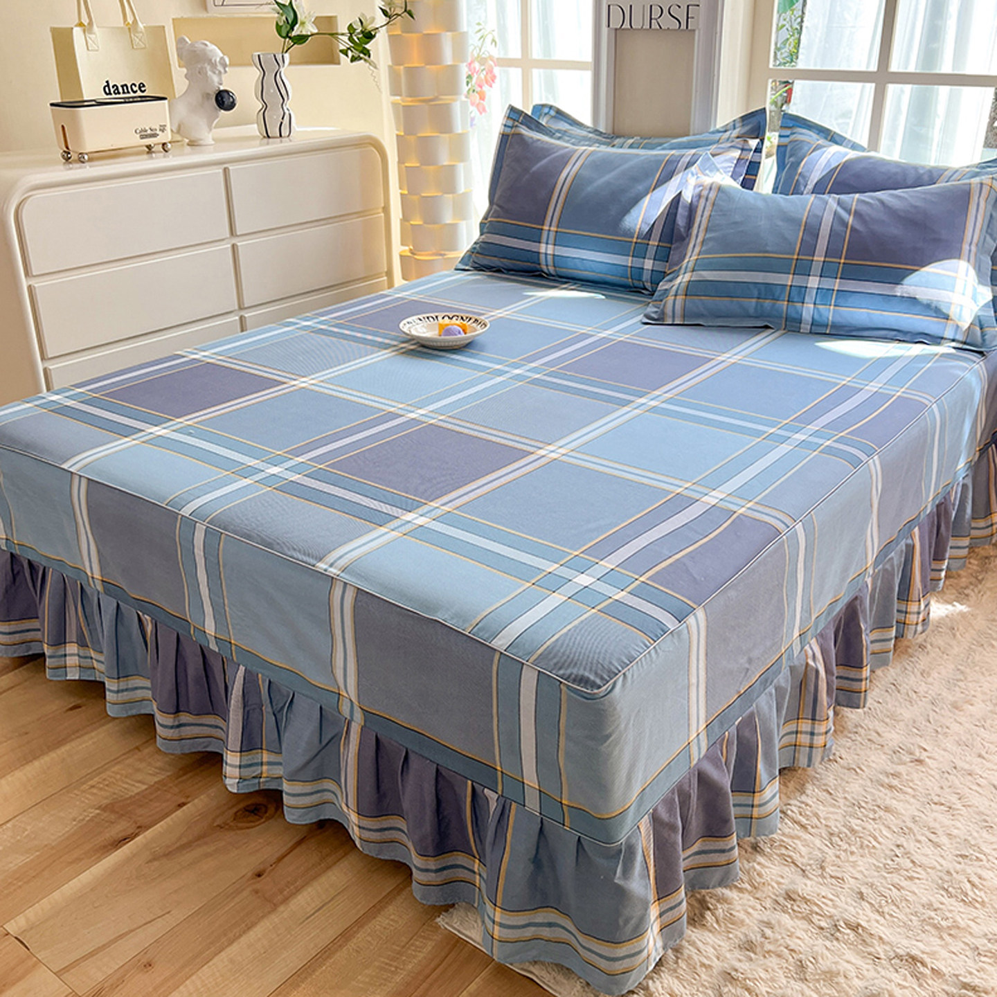 简约条纹格子纯棉床裙式床罩单件防尘遮丑床围群保护套三件套四季,床上用品,床裙,淘宝优惠券,粉丝福利购,淘宝优惠卷