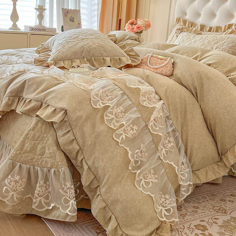 公主风磨毛床盖款四件套韩式少女心蕾丝花边被套夹棉床单被单四季