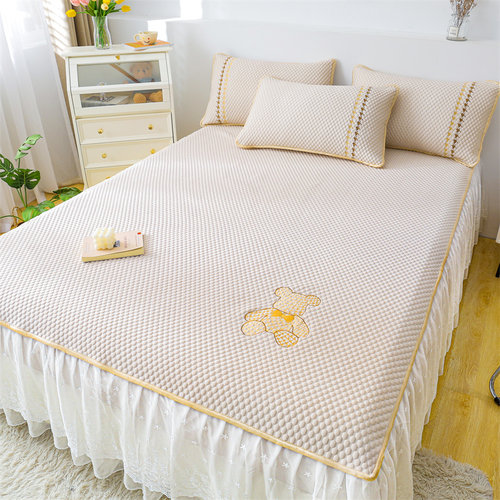 韩版凉感豆豆席床裙款三件套夏季雪纺花边冰丝凉席可折叠空调软席