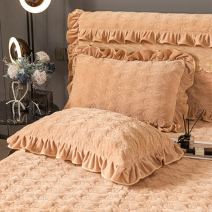 秋冬加厚夹棉绗缝A类婴儿绒保暖枕头套一对装 48x74cm荷叶花边加绒