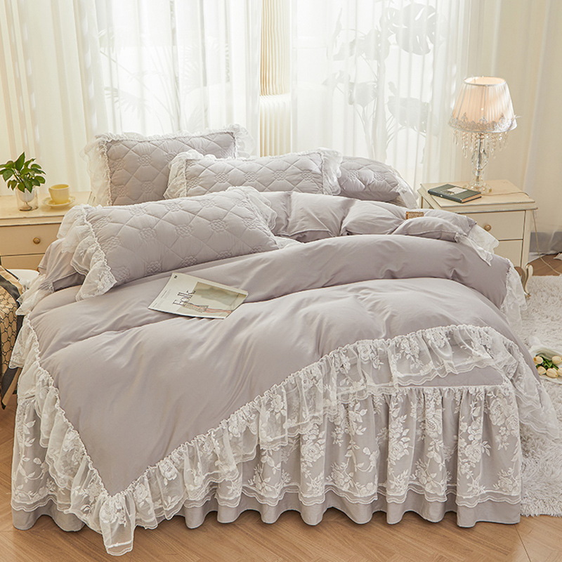 全棉床裙四件套床上纯棉高档蕾丝花边纯色床罩被套公主风四季通用
