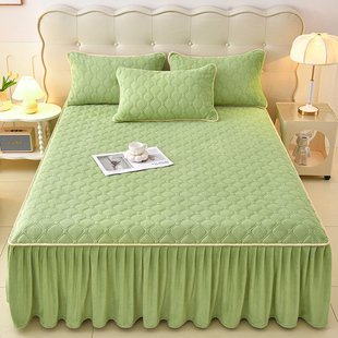 秋冬季 纯色牛奶绒床裙单件加绒加厚保暖夹棉防滑床垫保护罩三件套