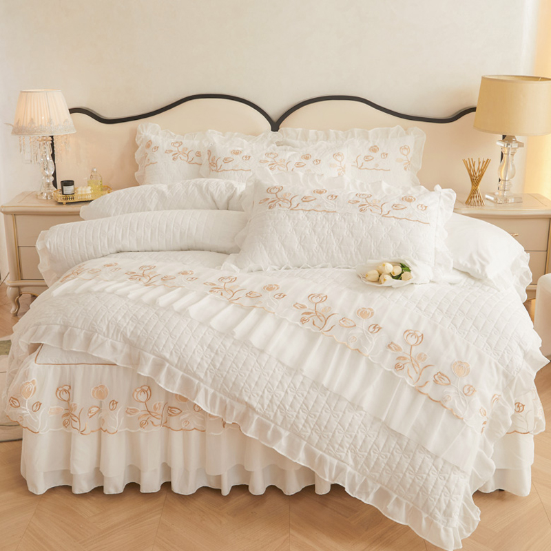 韩式高档公主风带夹棉加厚被套两用单件纯色花边三四件套床上用品