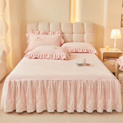纯色A类牛奶绒床裙床罩单件高端公主蕾丝花边床单床套三件套冬季
