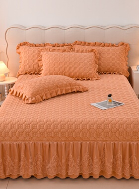 秋冬高克重牛奶绒床盖款三件套简约风加绒加厚带花边单件夹棉床单