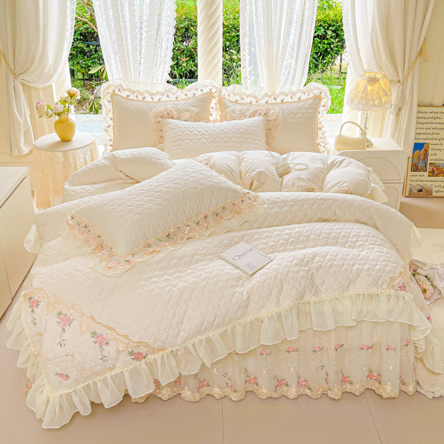 A类全棉夹棉绗缝加厚两用被套单件100纯棉公主风荷叶花边四季床品