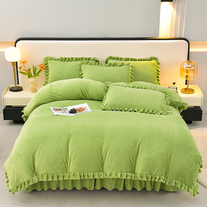 秋冬新款纯色高克重牛奶绒被套单件韩版花边加厚绒保暖床上四件套