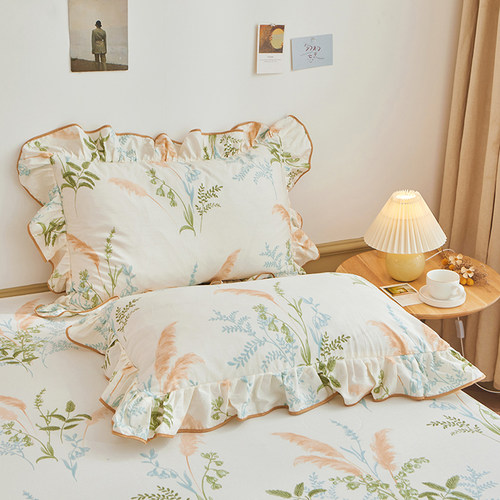 纯棉田园风荷叶花边全棉枕套一对