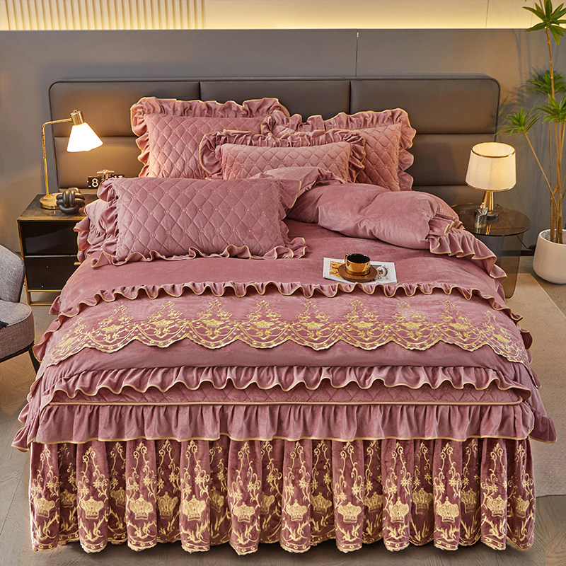 高端欧式宝宝绒床裙款四件套可拆卸床罩加绒加厚保暖刺绣花边被套