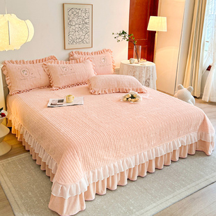 高端牛奶绒床盖单件带裙边床单加绒保暖夹棉加厚铺盖两面可用冬季