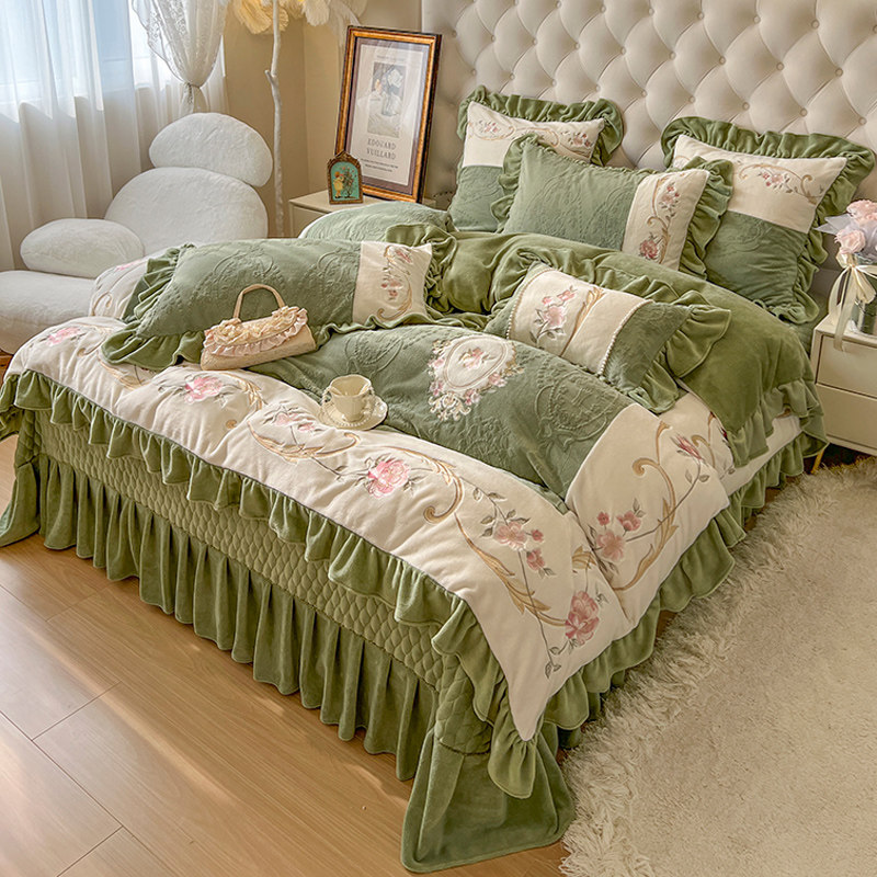 秋冬高档轻奢A类牛奶绒床盖款四件套荷叶花边双面绒被套床单保暖,床上用品,床品套件/四件套/多件套,淘宝优惠券,粉丝福利购,淘宝优惠卷