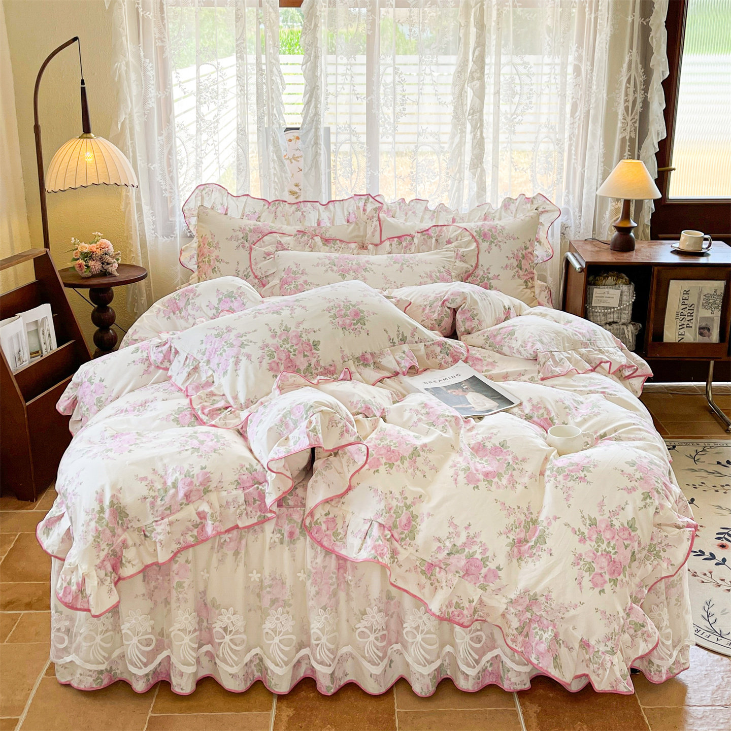床上四件套全棉床裙款韩版田园公主风荷叶边被套床罩式纯棉双人夏