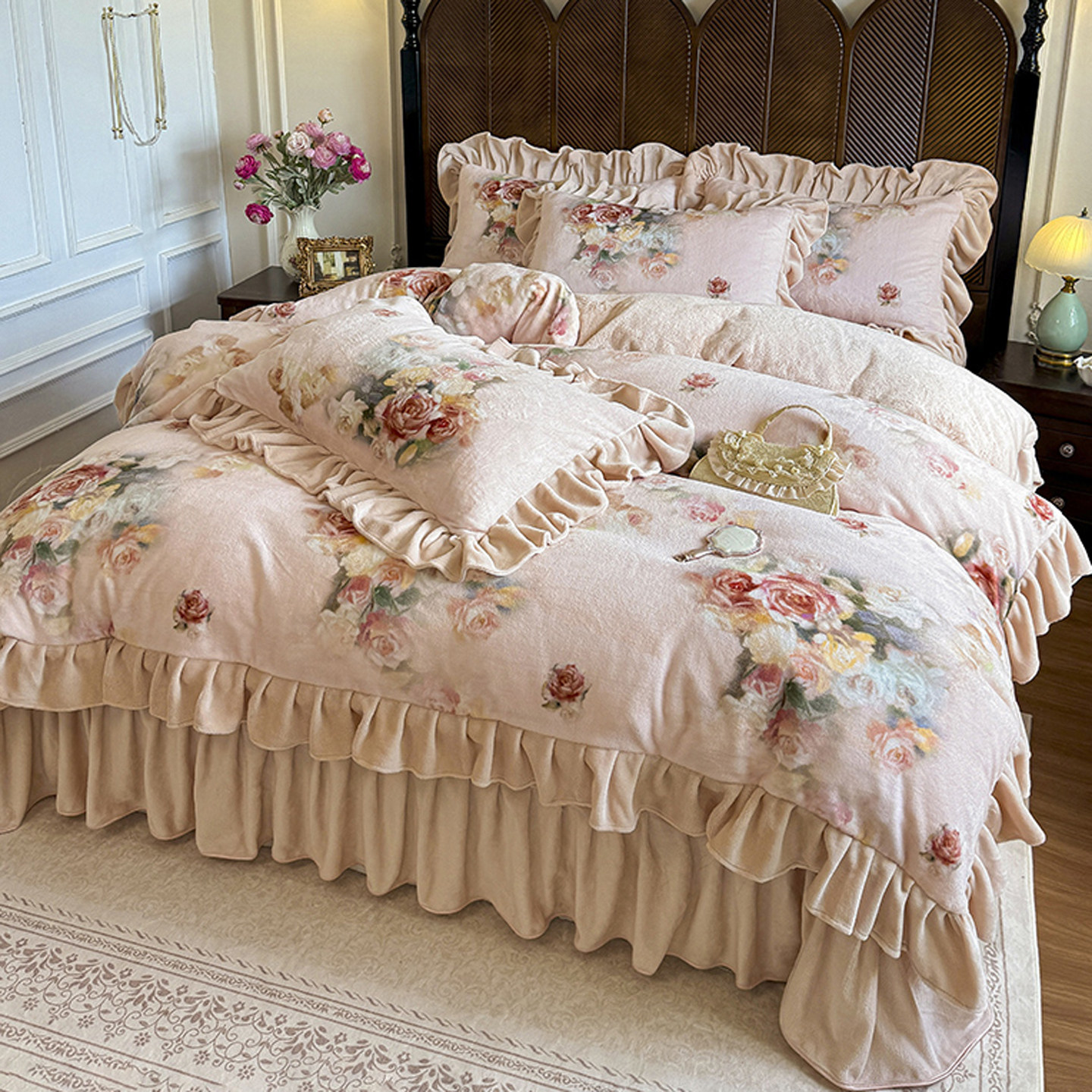 冬季加厚高级感牛奶绒兔绒夹棉床盖四件套珊瑚绒保暖花边被套床品,床上用品,床品套件/四件套/多件套,淘宝优惠券,粉丝福利购,淘宝优惠卷