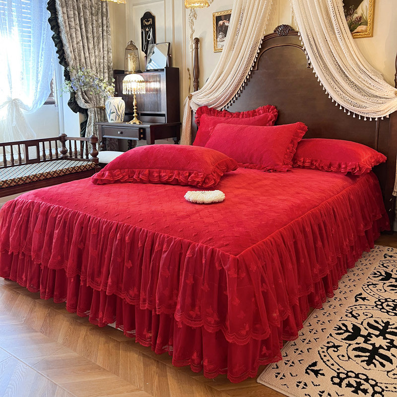 大红色婚庆宝宝绒单件夹棉床裙高级感秋冬加绒加厚防滑床罩三件套,床上用品,床裙,淘宝优惠券,粉丝福利购,淘宝优惠卷