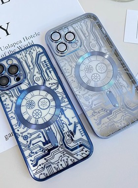 适用苹果16promax手机壳magsafe磁吸magesafe专用magasafe朋克风megsafe线路图megasafe套13macsafe14p15plus