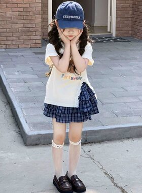 女童夏装短袖T恤格子蛋糕裙套装新款宝宝洋气开叉上衣短裙两件套