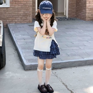 女童夏装短袖T恤格子蛋糕裙套装新款宝宝洋气开叉上衣短裙两件套