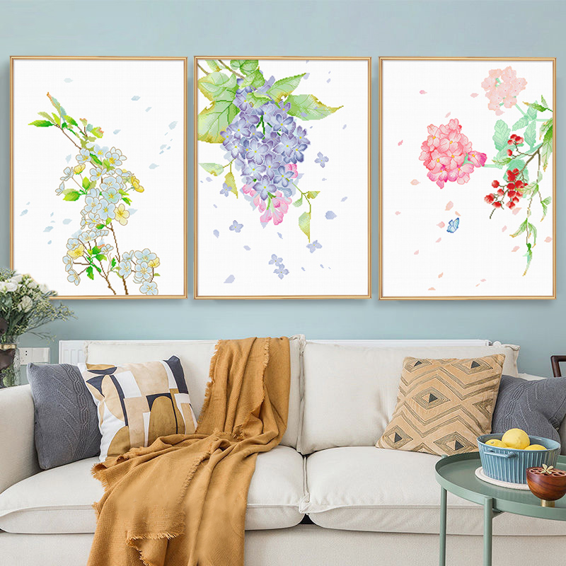 春天十字绣2024新款线绣三联画清新客厅卧室简约现代手工自己绣