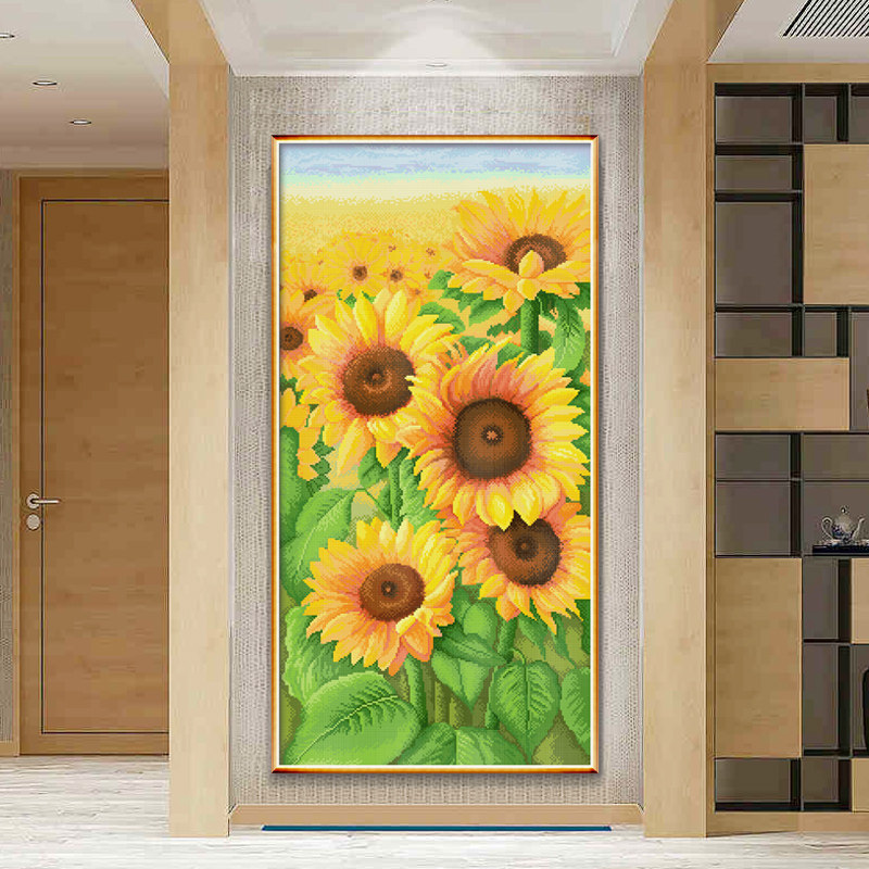 向日葵十字绣满绣2025新款线绣竖版客厅玄关欧式现代风手工自己绣