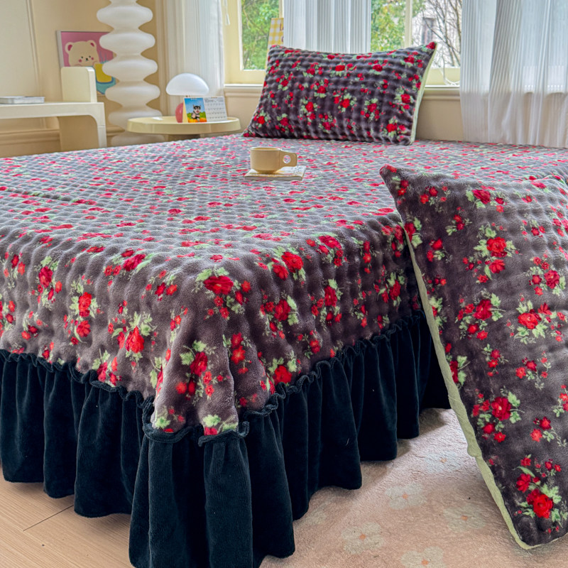 冬季牛奶绒花边床裙三件套a类防静电珊瑚绒床盖加厚保暖防滑床单,床上用品,床裙,淘宝优惠券,粉丝福利购,淘宝优惠卷