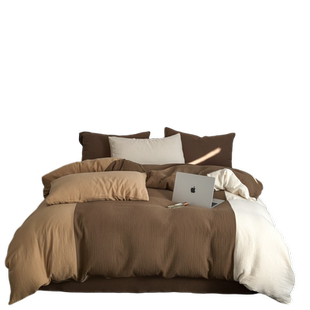 高档加厚全棉双层绉纱四件套床笠2024新款高级感轻奢纯棉拼接撞色