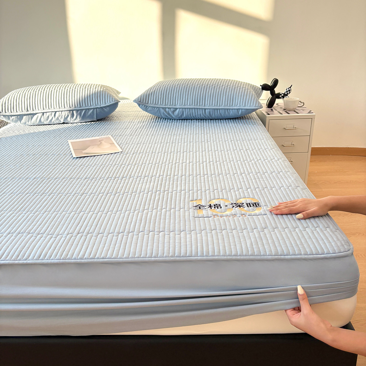 高端100全棉深睡夹棉床笠纯色纯棉床罩床垫保护套三件套135&times;200