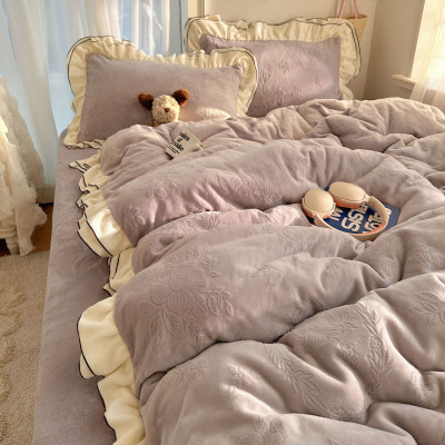 冬季牛奶绒花边四件套a类母婴级公主风床笠款珊瑚绒防静电被套1.8