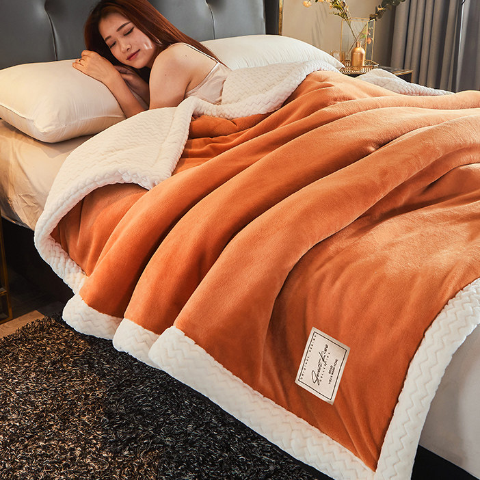 可机洗三层加厚橙色毛毯法兰珊瑚绒冬季盖毯子春秋冬天保暖毛巾被