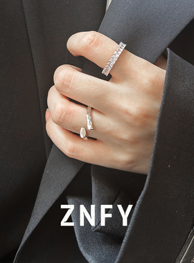 ZNFY S925纯银戒指女镶钻方形小众锆石指环单圈高级食指戒
