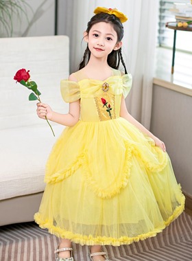 夏女童贝尔公主裙黄色吊带摄影婚纱礼服cos美女与野兽舞台表演裙